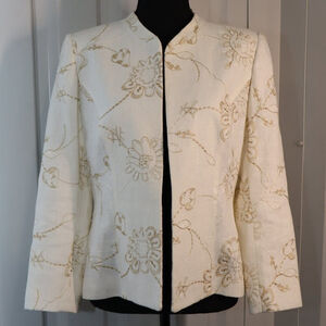 Bernard Zins Paris Open Front Linen Blend Jacket Cream Gold Embroidery Size 10